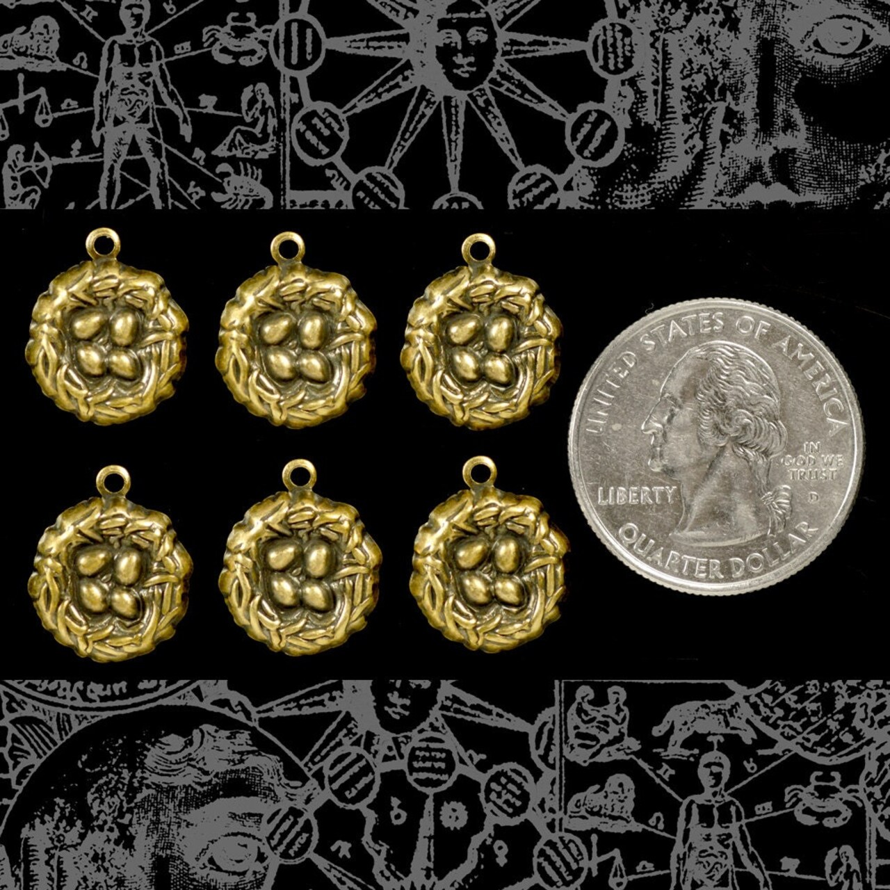 Antiqued Brass Bird's Nest Charms - Set of Six - XXX - AB-C50